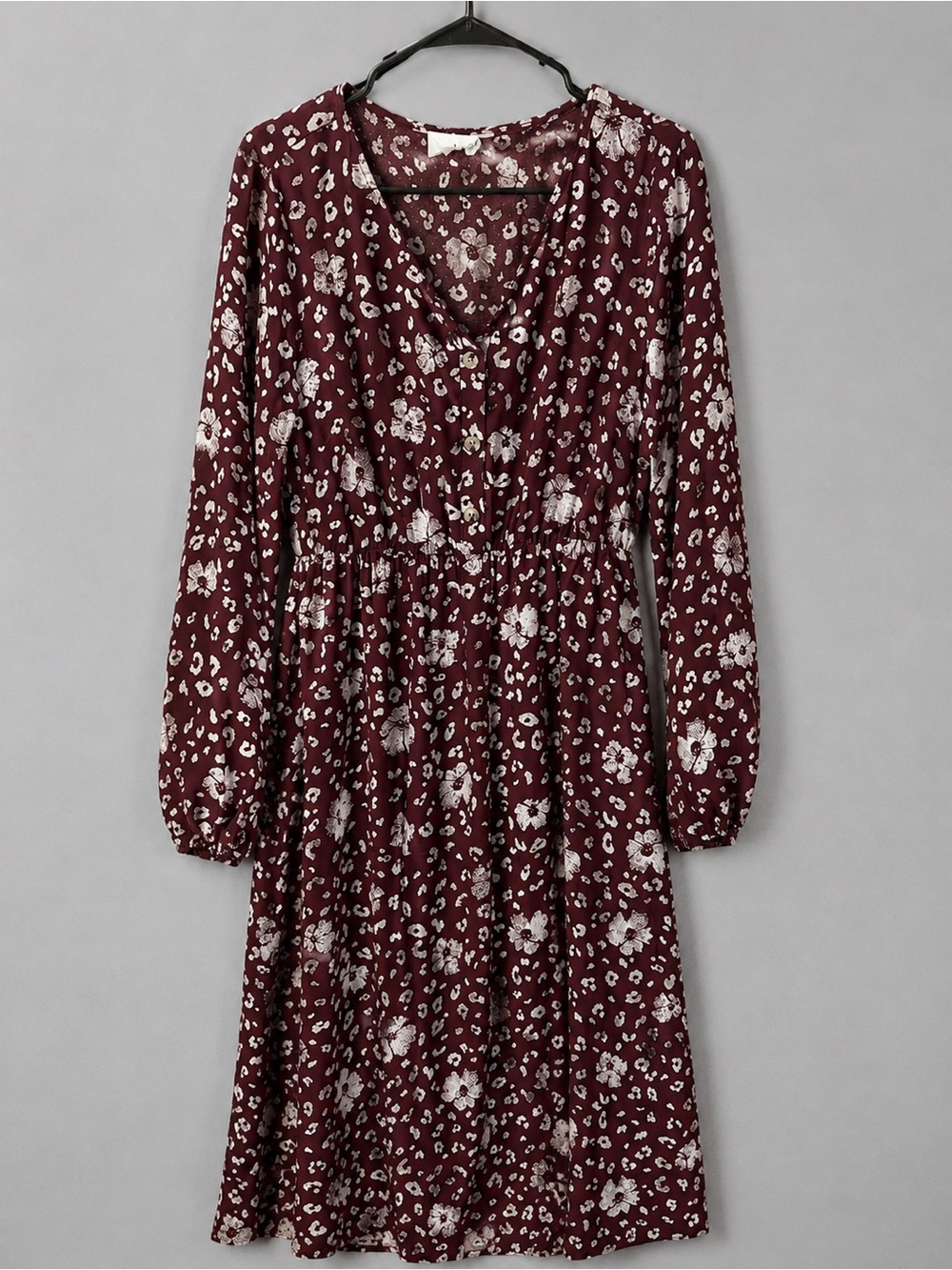 Everly Burgundy Floral Long Sleeve Midi Dress Boho Button Front Fall Dress
